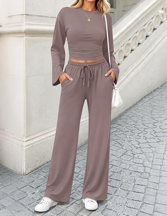 ZESICA Womens 2 Pc Lounge Set Ruched Bell Sleeve Top Wide Leg Pants Rose Taupe M