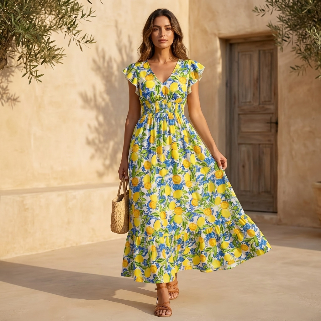 Womens Lemon Print Maxi Dress V Neck Cap Sleeve Summer Beach