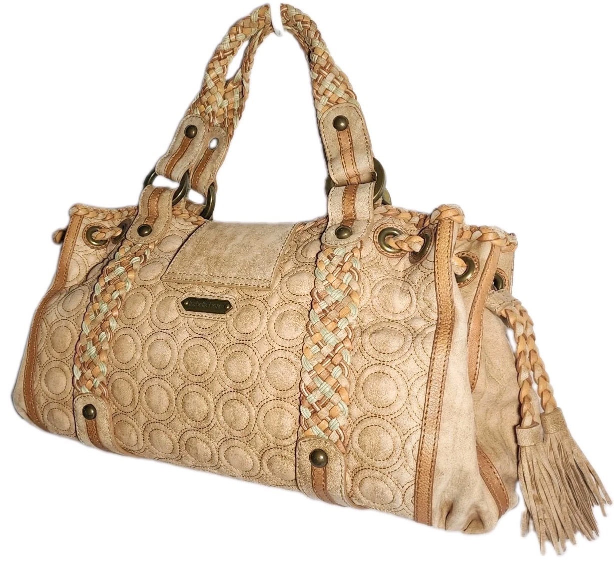 ISABELLA FIORE KISSES AND HUGS EMBROIDERED X’S AND O’S LARGE LEATHER HANDBAG$739