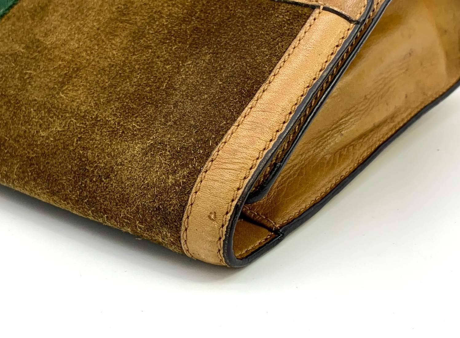 GUCCI VINTAGE Web Stripe Clutch Suede Leather Camel Large Rare Authentic
