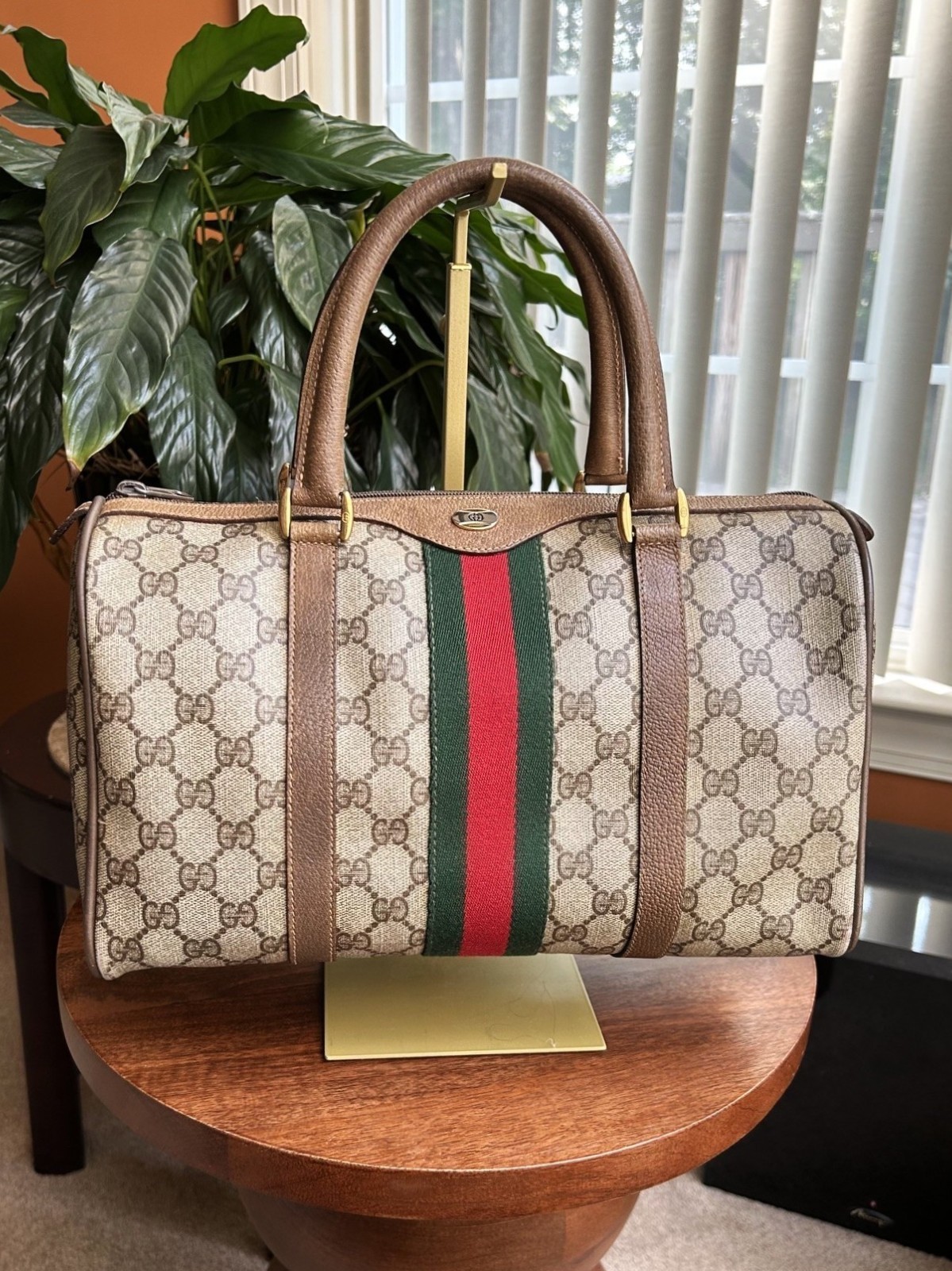 GUCCI GG Supreme Monogram Sherry Web Boston Bag, Tan