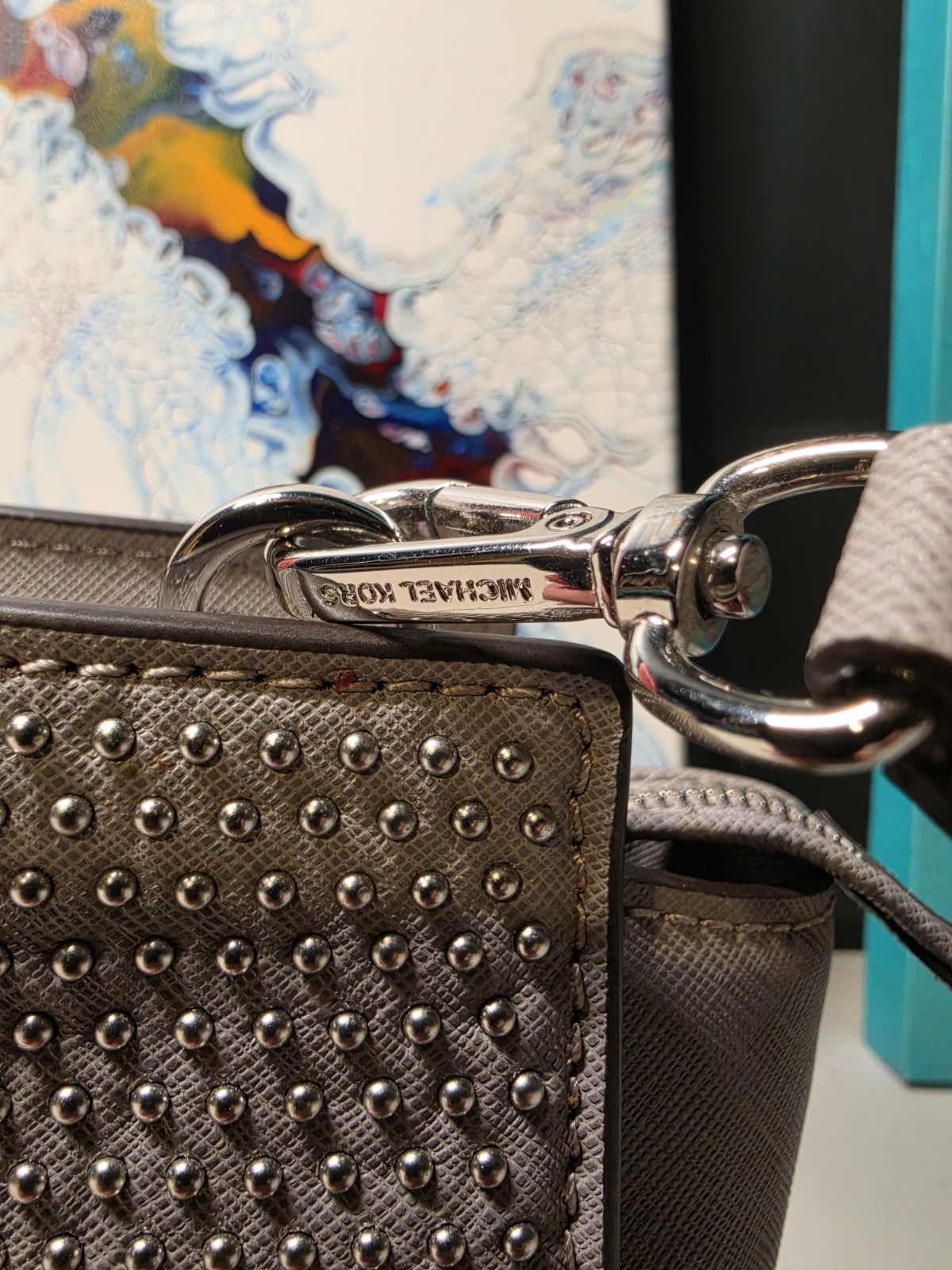 Michael Kors Studded Crossbody Bag Gray Zip Closure Silver Hardware Pockets