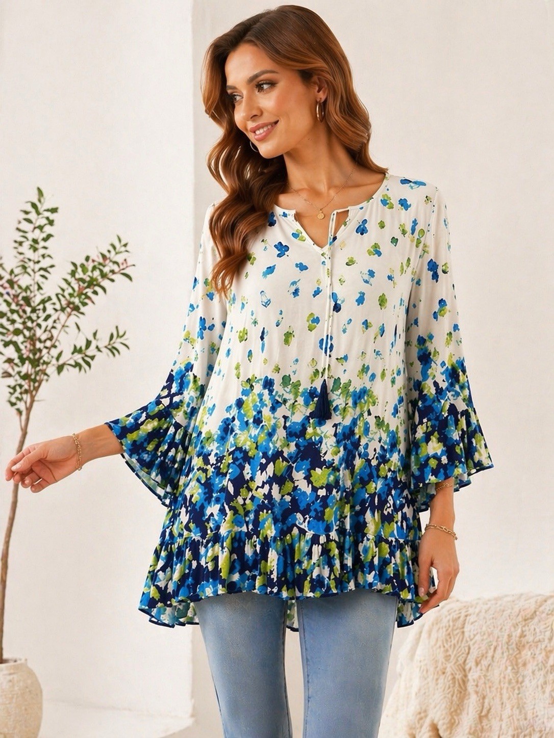 Avenue White Blue Green Floral V-Neck 3/4 Bell Sleeve Ruffle Tunic Blouse 22/24