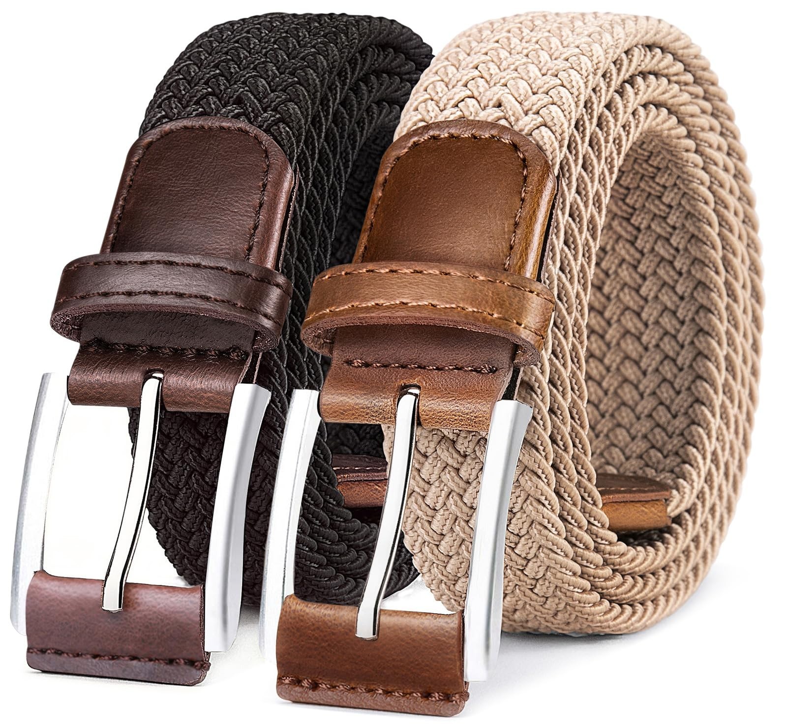 Woven Braided Stretch Web Belt 2-Pack for Men – Breathable, No Hole, Snug Fit –