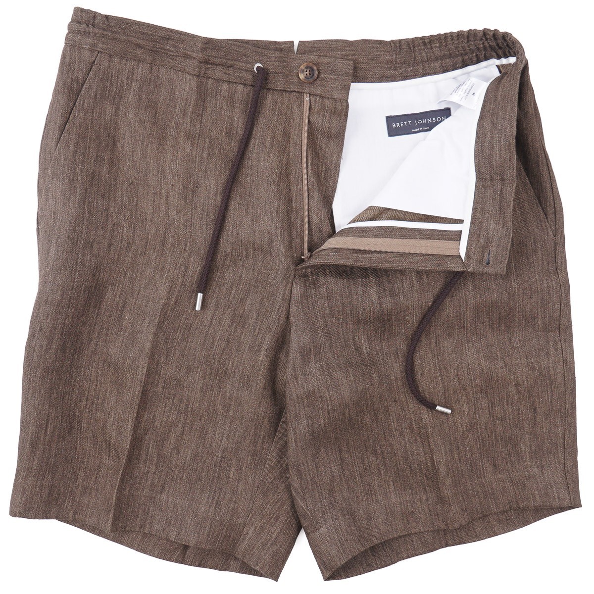 Brett Johnson Mid Brown Woven Solbiati Linen Drawstring Shorts L (35-36) NWT