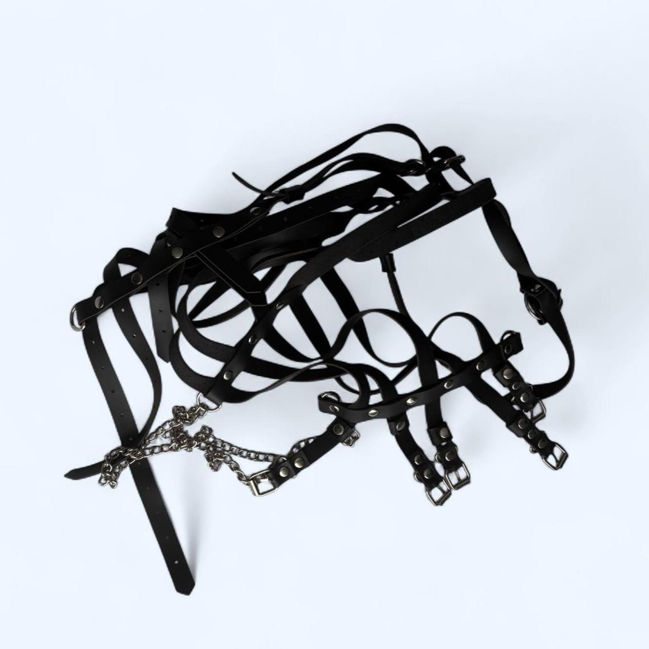 Women’s leather Gothic Black Multi-Strap Waist Buckles & Silver Chain, xs-s
