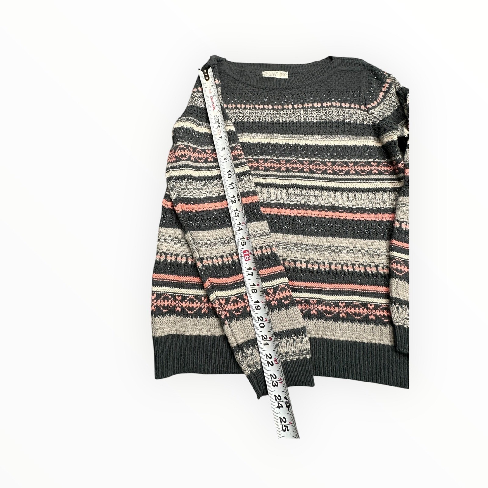 Debbie Morgan Womens XL Fair Isle Metallic Knit Sweater Gray Pink Striped L/S