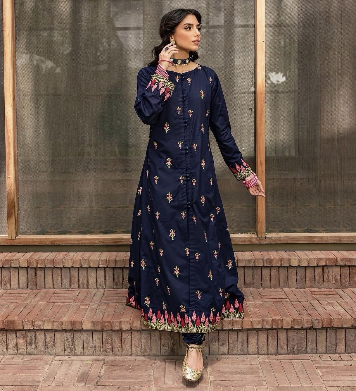 Navy Blue Cotton Lawn Embroidered Dress – Floral Pink & Green Design- XS