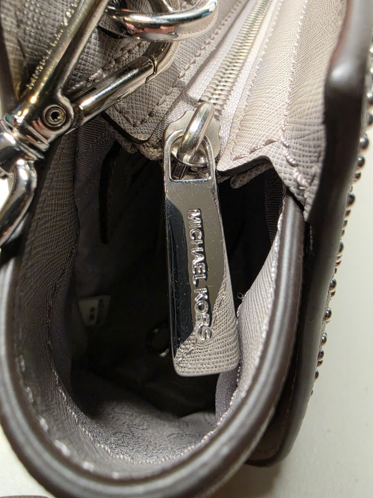 Michael Kors Studded Crossbody Bag Gray Zip Closure Silver Hardware Pockets