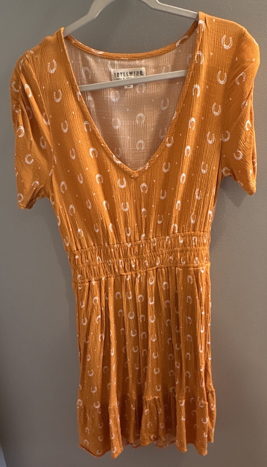 Idyllwind Women’s Orange Horseshoe V-Neck Puff Sleeve Fit & Flare Dress M