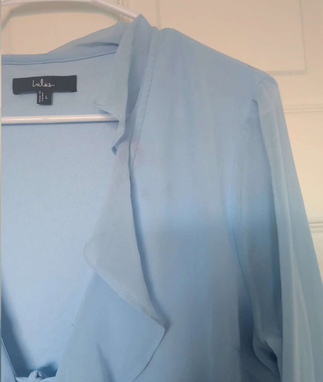 Lulus Blue Chiffon Semi-Sheer Ruffle V-Neck Tie-Front Bell Sleeve Blouse L