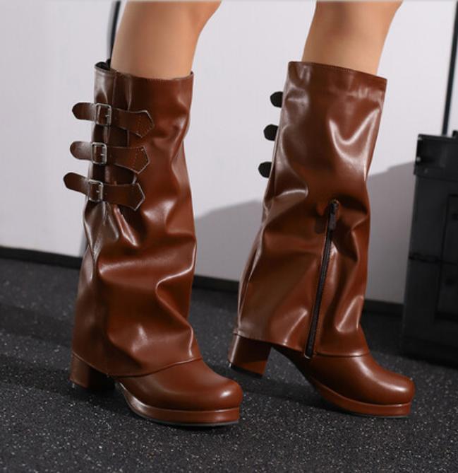 Women’s Block Heel Knee High Boots Knight Shoes Buckle Platform Side Zip Retro