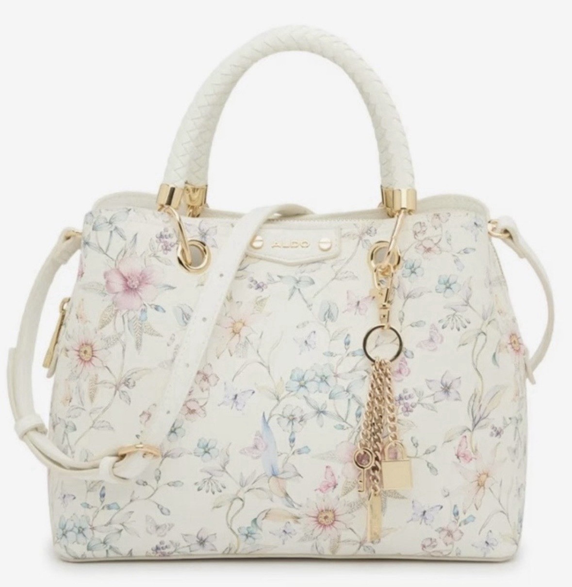 ALDO White Floral Satchel Top Handle Bag Zip Closure Gold Hardware Chain Charm