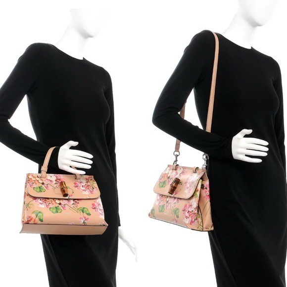 Gucci authentic top handle bag blooms pattern pink leather medium w strap