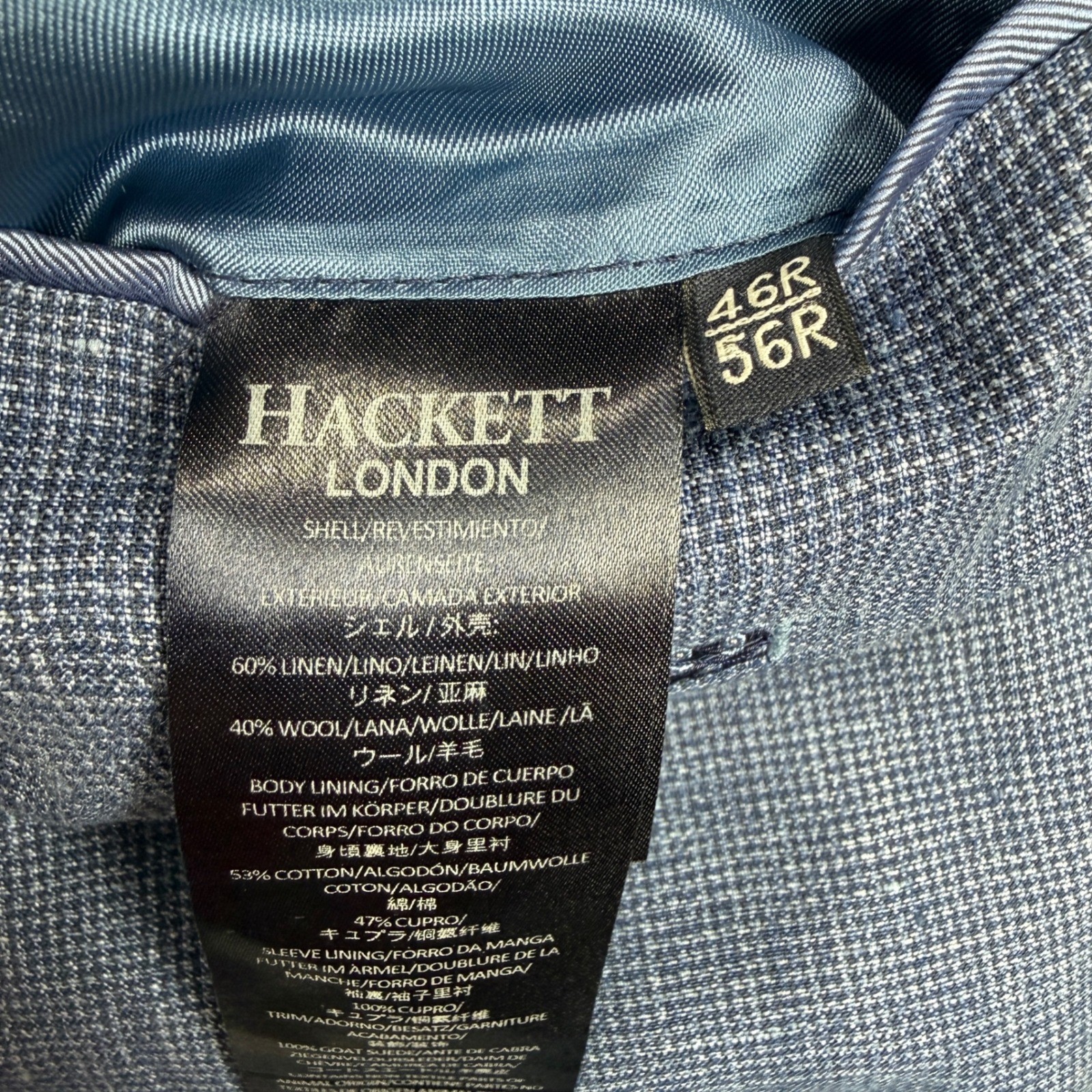Hackett London Sport Coat Mens 46R Blue Linen Wool Blend Micro Check Blazer