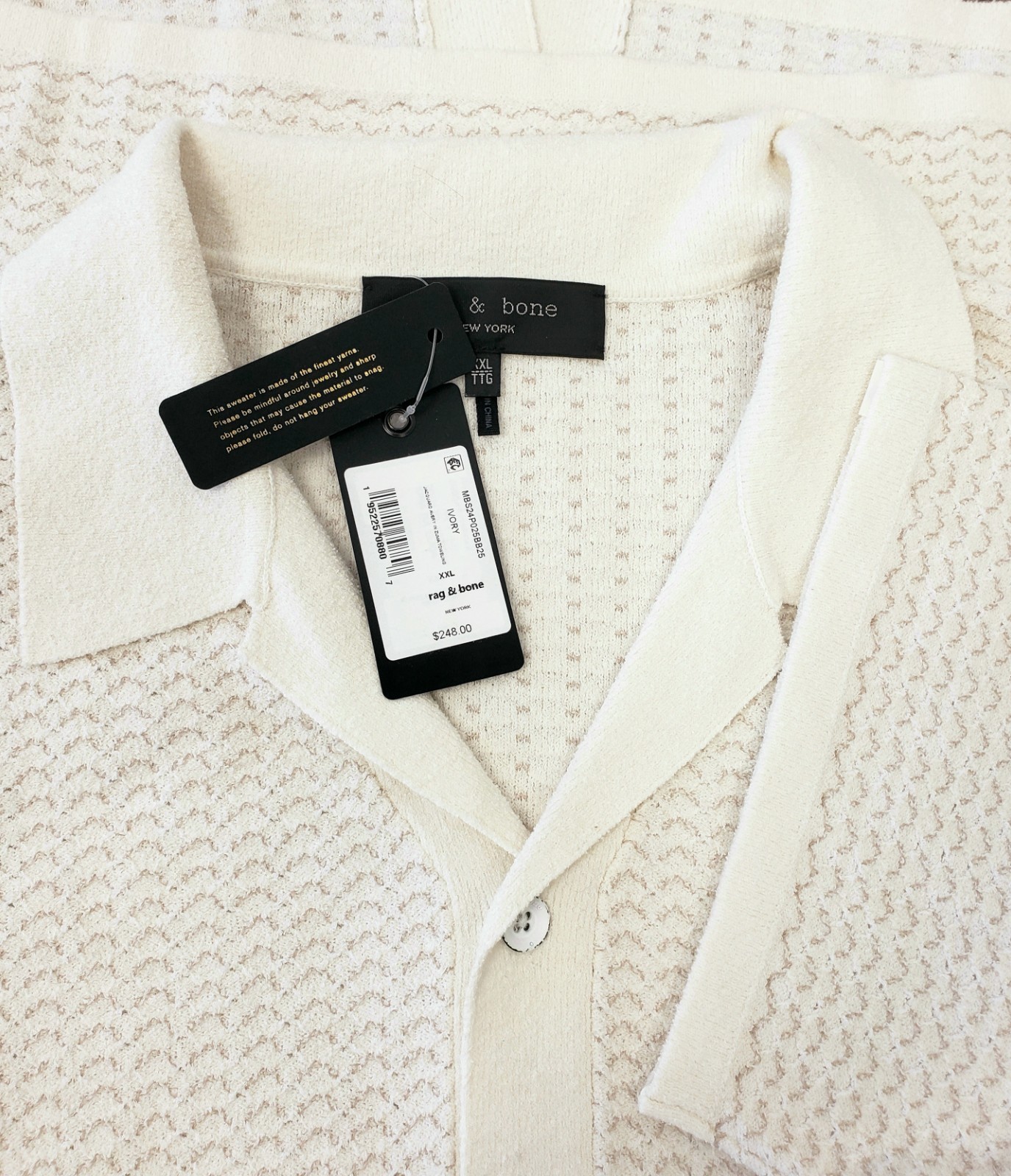 rag & bone Avery Men’s Jacquard Knit Zuma Toweling Camp Shirt Ivory Size XXL