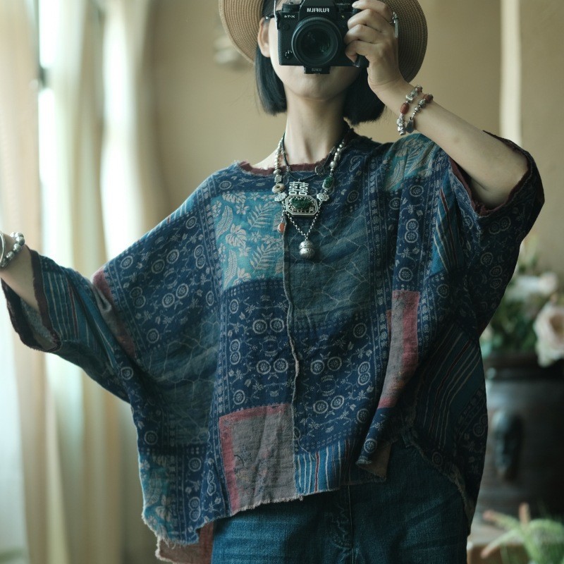 Vintage Patchwork Indigo Cotton Top Loose Wabi Sabi Blouse