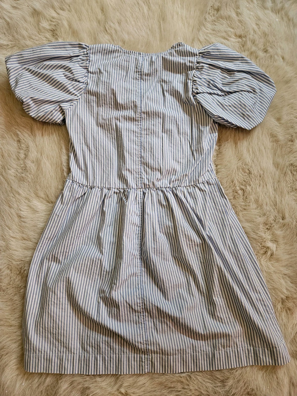 H&M Divided Blue White Striped Puff Short Sleeve Tie Front Mini Dress Size XXS