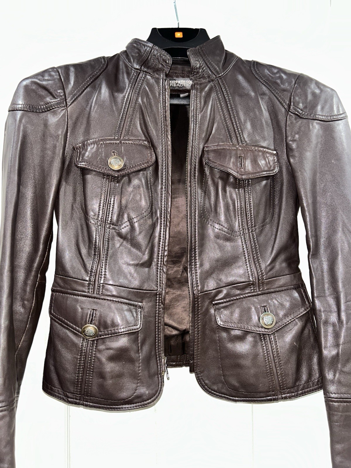 Kenneth Cole Reaction Brown Leather Jacket Full Zip Pockets Women’s XS