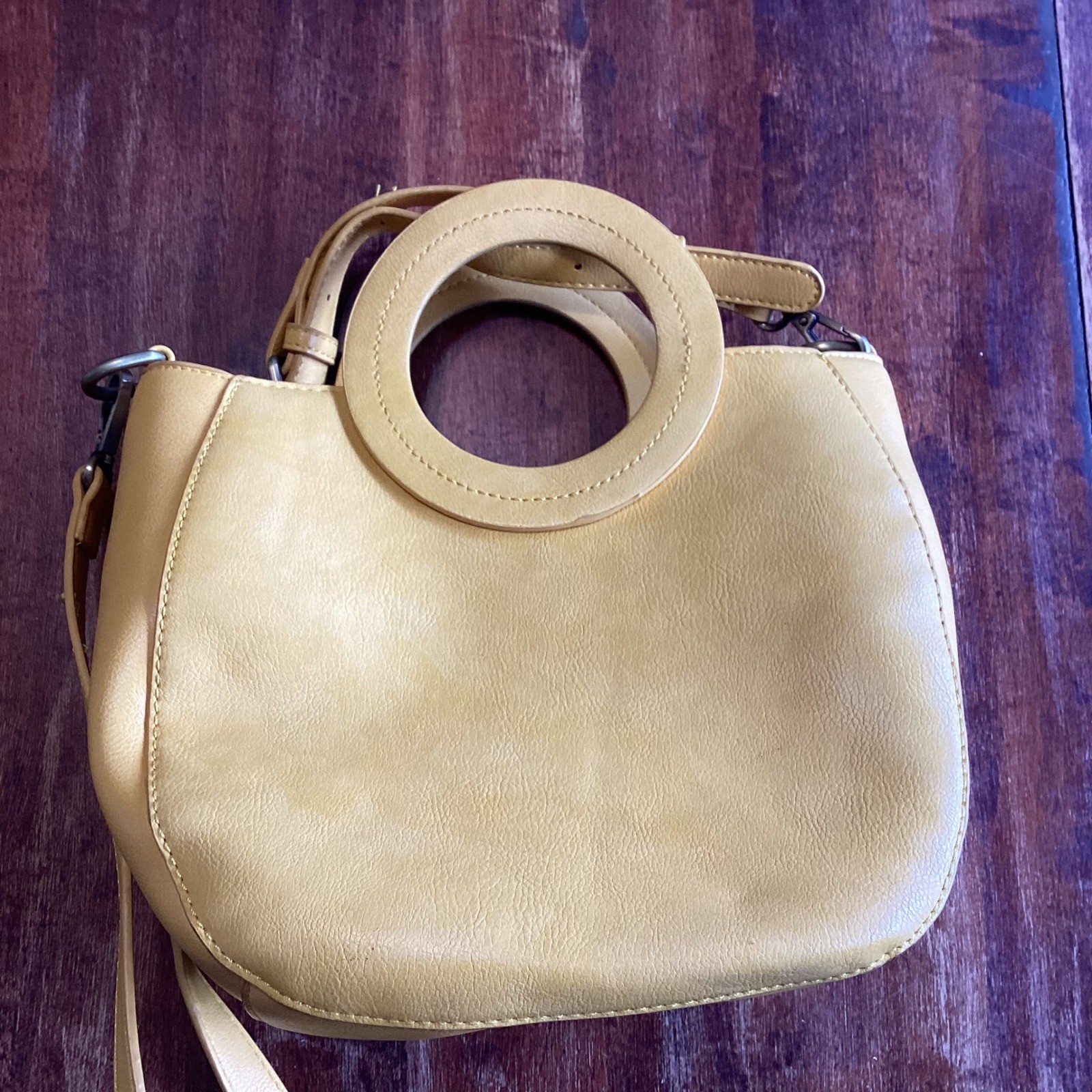 Joy Susan Yellow 100% Vegan Leather Circular Handle Crossbody Handbag Satchel