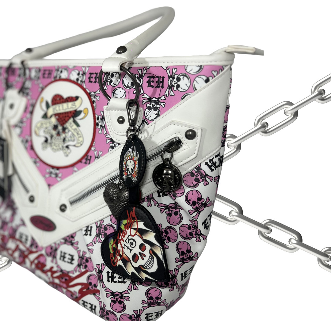 NWT Ed Hardy Pink and White Skull Rhinestone Love Kills Slowly Tote Bag Charm