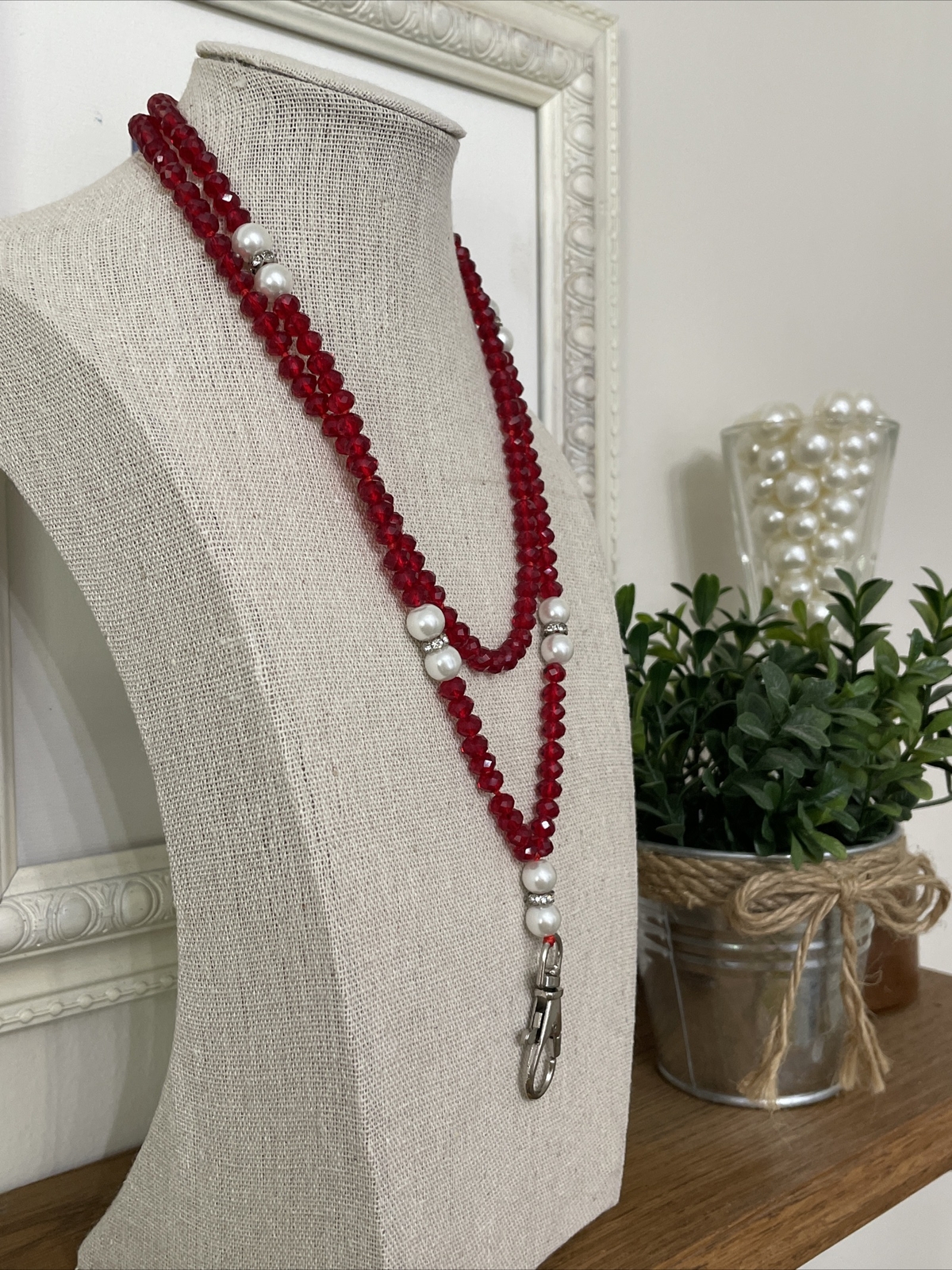 Crystal Lanyard Or Eyeglass Chain Red Crystal Pearl Rhinestone Beads 34” Strand