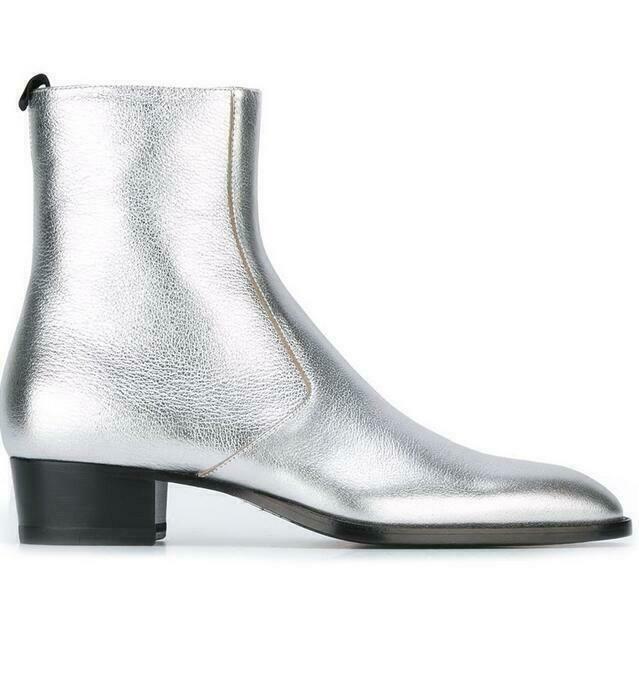 Mens real Leather Silver Ankle Boots Pointed Toe Chelsea boots Shoes