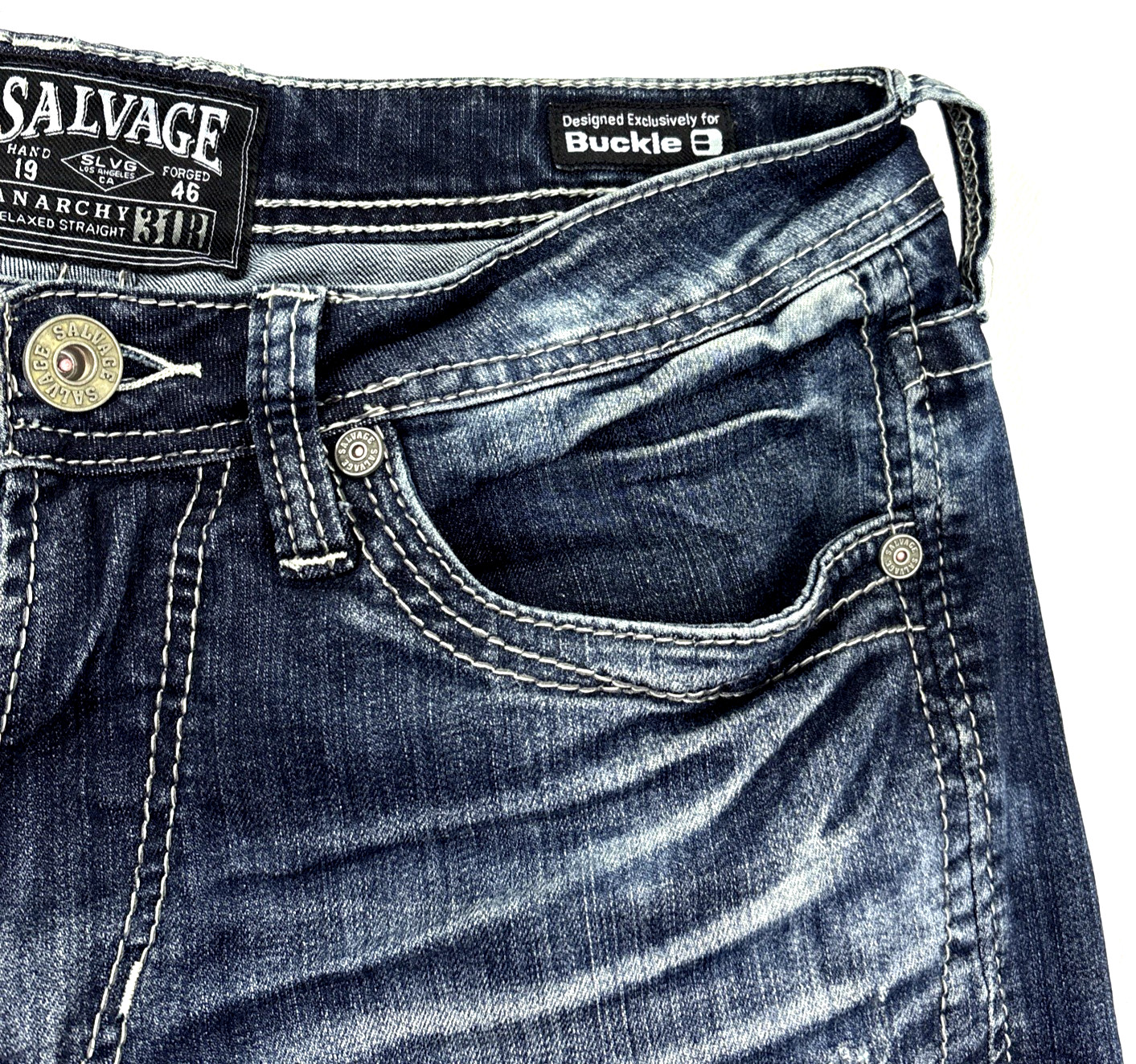 Salvage Denim Anarchy Jeans Mens 31R 32×32 Relaxed Straight Buckle Blue EUC