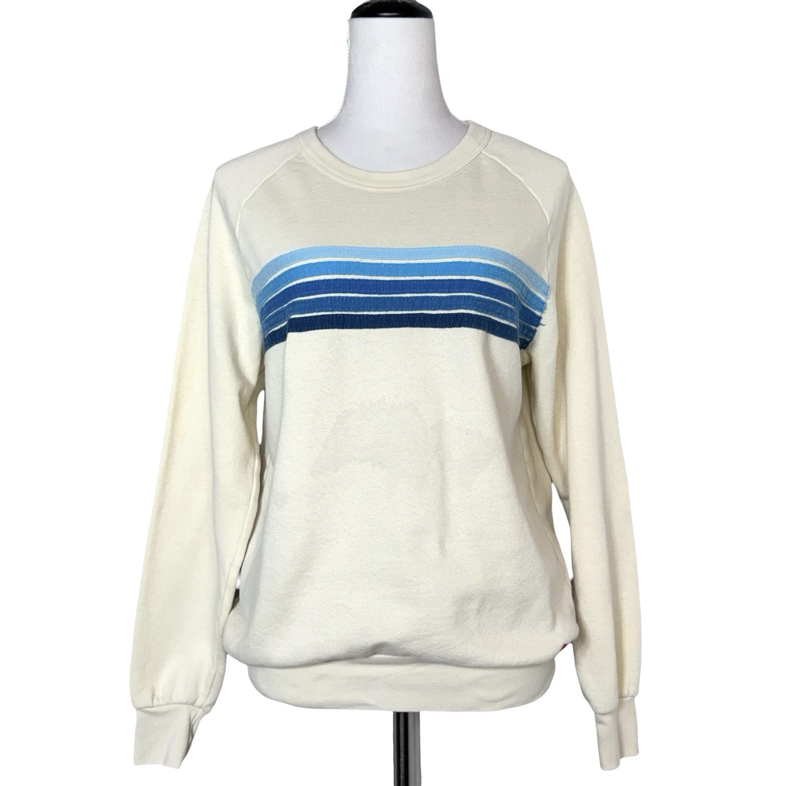 Aviator Nation 5 Stripe Crew Sweatshirt Small Blue Cream Fleece Pullover Top