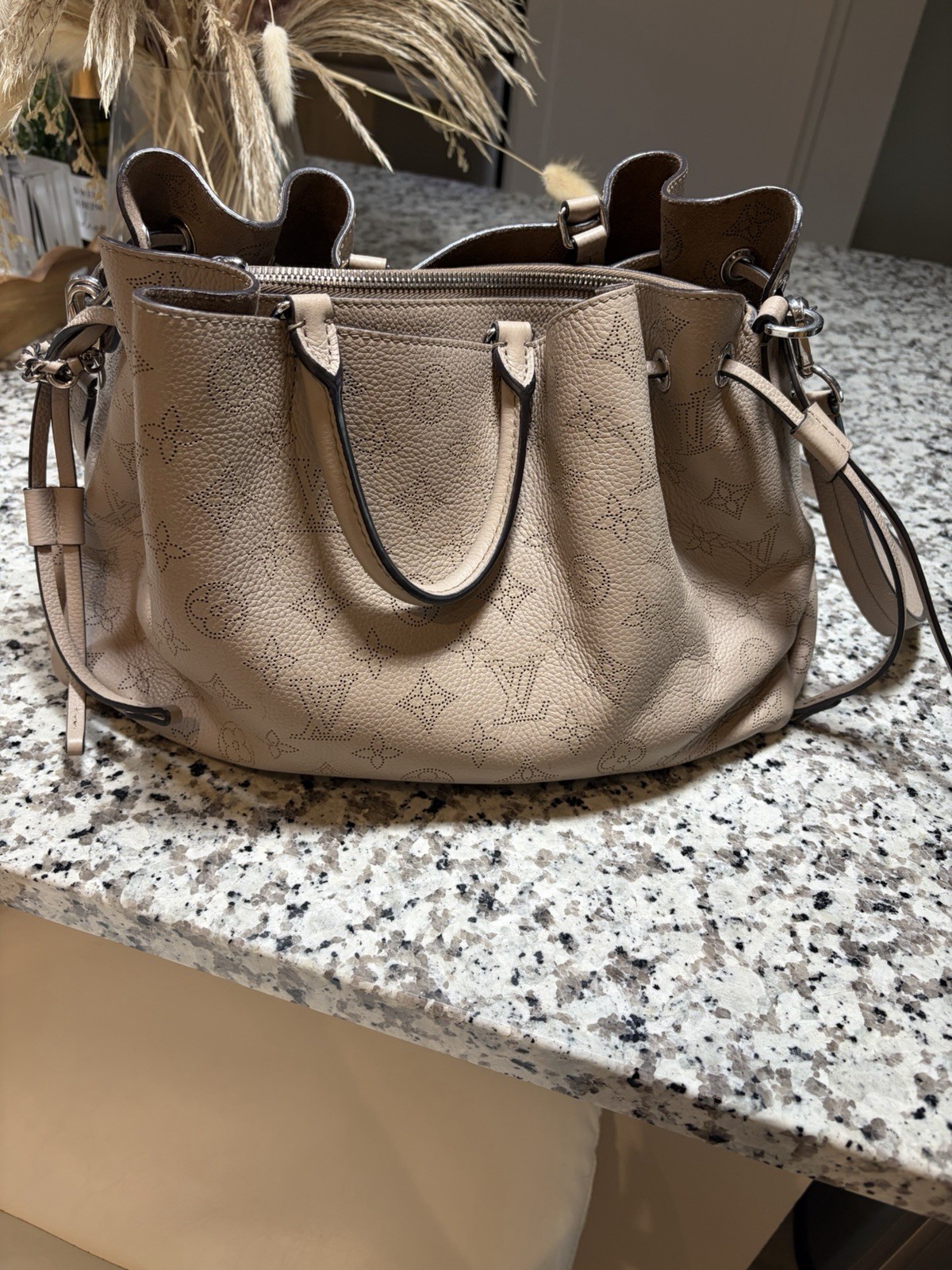 Louis Vuitton Bella Tote Mahina Beige Drawstring/Zip Chain Strap Small w/Box