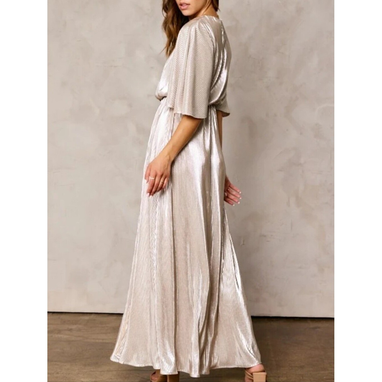 Celadon Cape Metallic Champaigne Pleated Maxi Dress with Front Slit