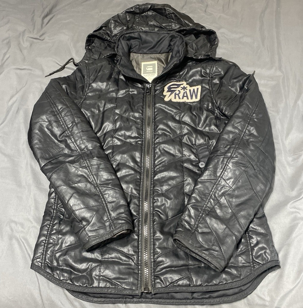 G-Star RAW Men’s Black Hooded Puffer Jacket Zip Front Stand-Up Collar Size M