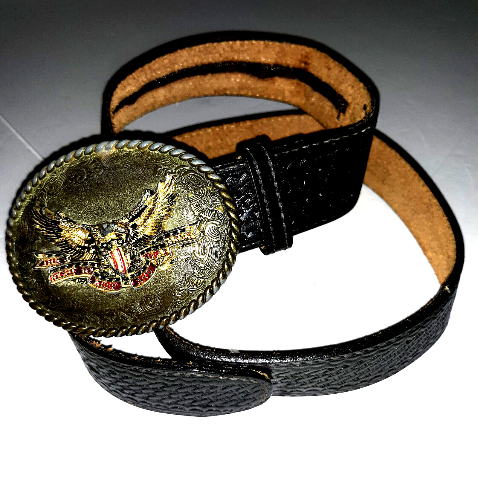 VTG DunDee Tooled Leather Zip $$ Belt 80sRainTree Buckle Eagle “Bare Arms”Sz 38