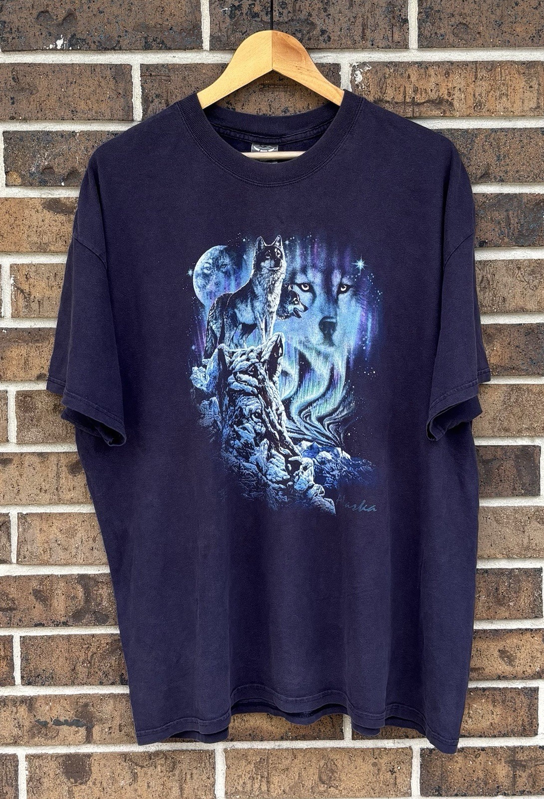Vintage Alaska Northern Lights Wolf Nature Shirt Size XL