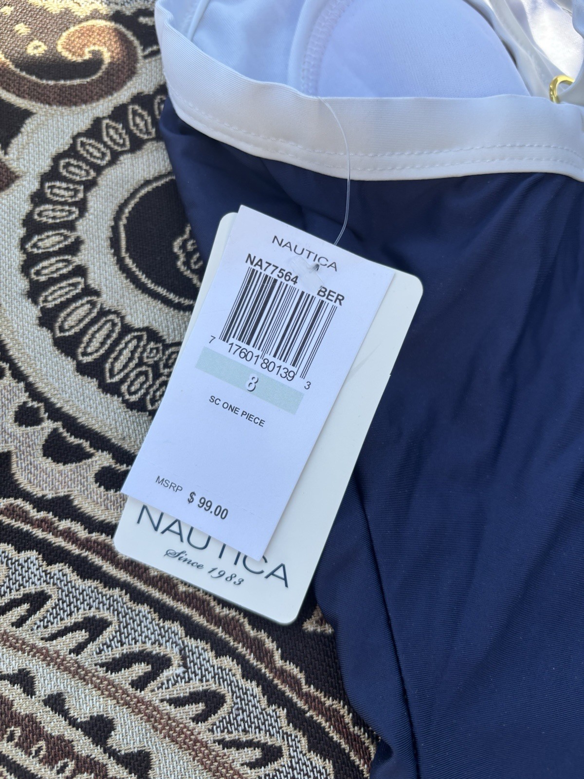Nautica Women’s Navy/Purple/White Striped Zip Front One-Piece Swimsuit 8