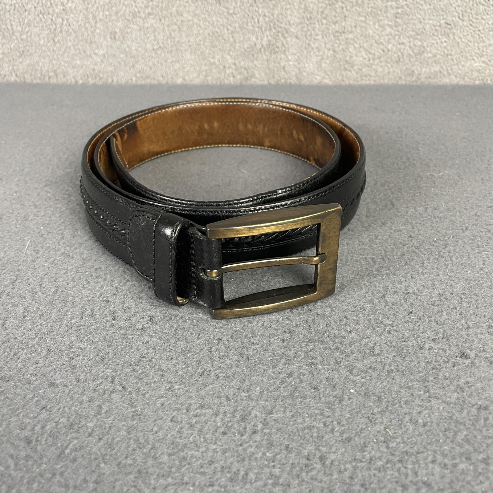 Mezlan Belt Mens 32 Black Leather Dress Brass Buckle Braided Made In Spain