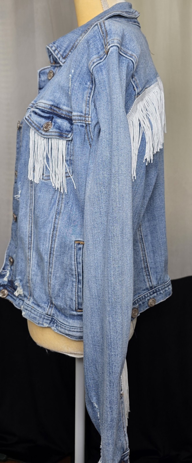 Distressed Fringe Denim Jacket L Y2K Boho Western Statement Cowgirl Vibes Rodeo