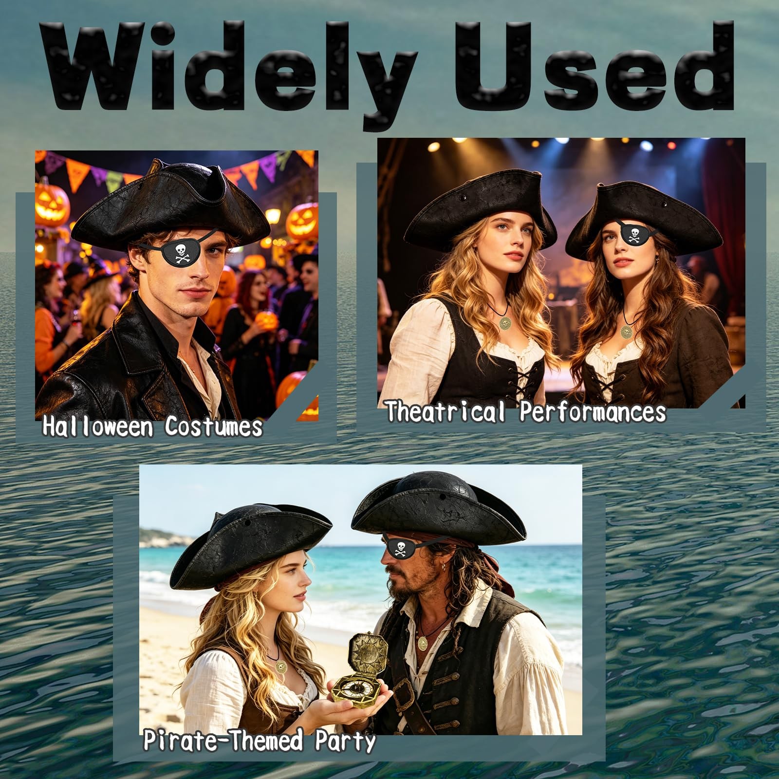 Zddaoole 4 PCS Black Renaissance Pirate Tricorn Hat,Vintage Black-leather