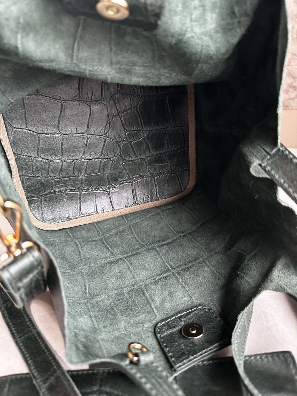 Anna Virgili Italy Green Crocodile Embossed Leather Handbag Shoulder Bag Set