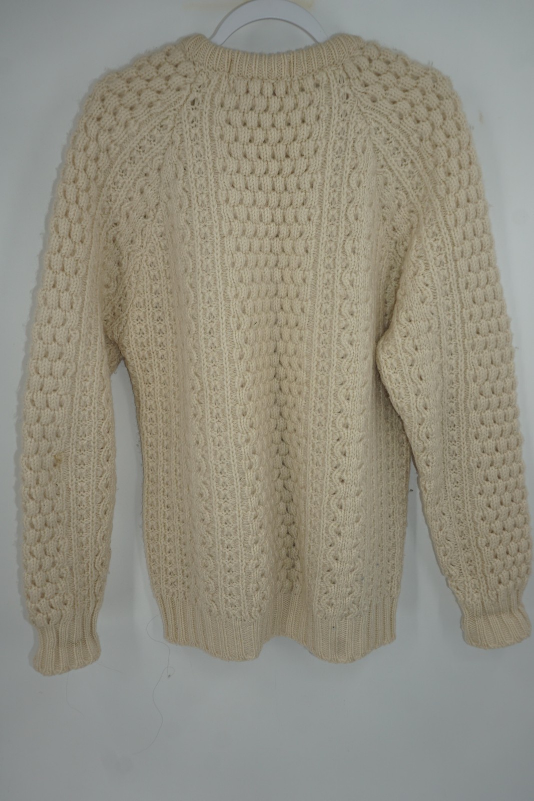 Donegal Knitwear Sweater Mens 44 Cream 100% Wool Aran Fisherman Cable Crew Irish