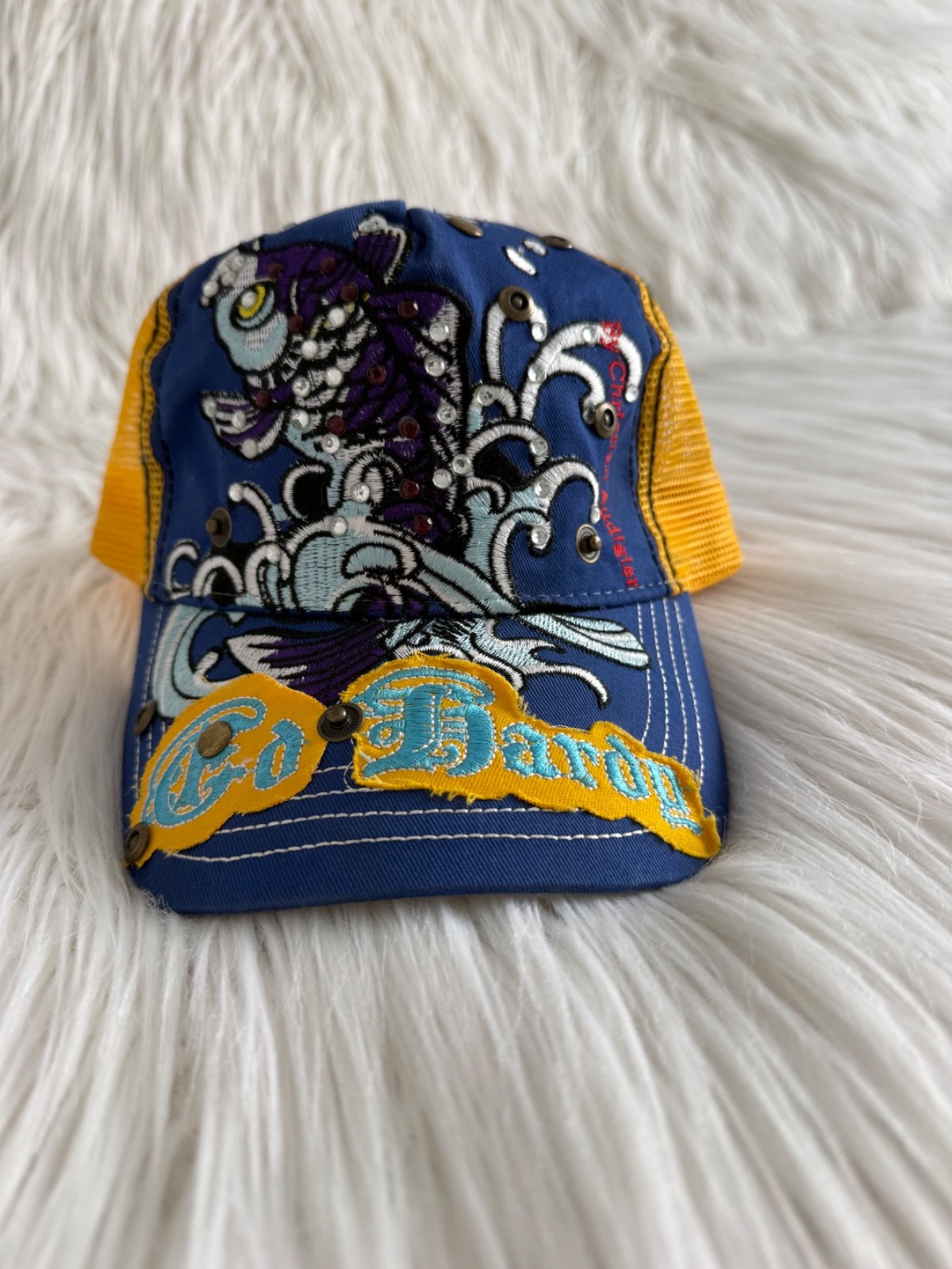 Ed Hardy by Christian Audigier Y2K Trucker Hat -Embellished, Studded, Rare!