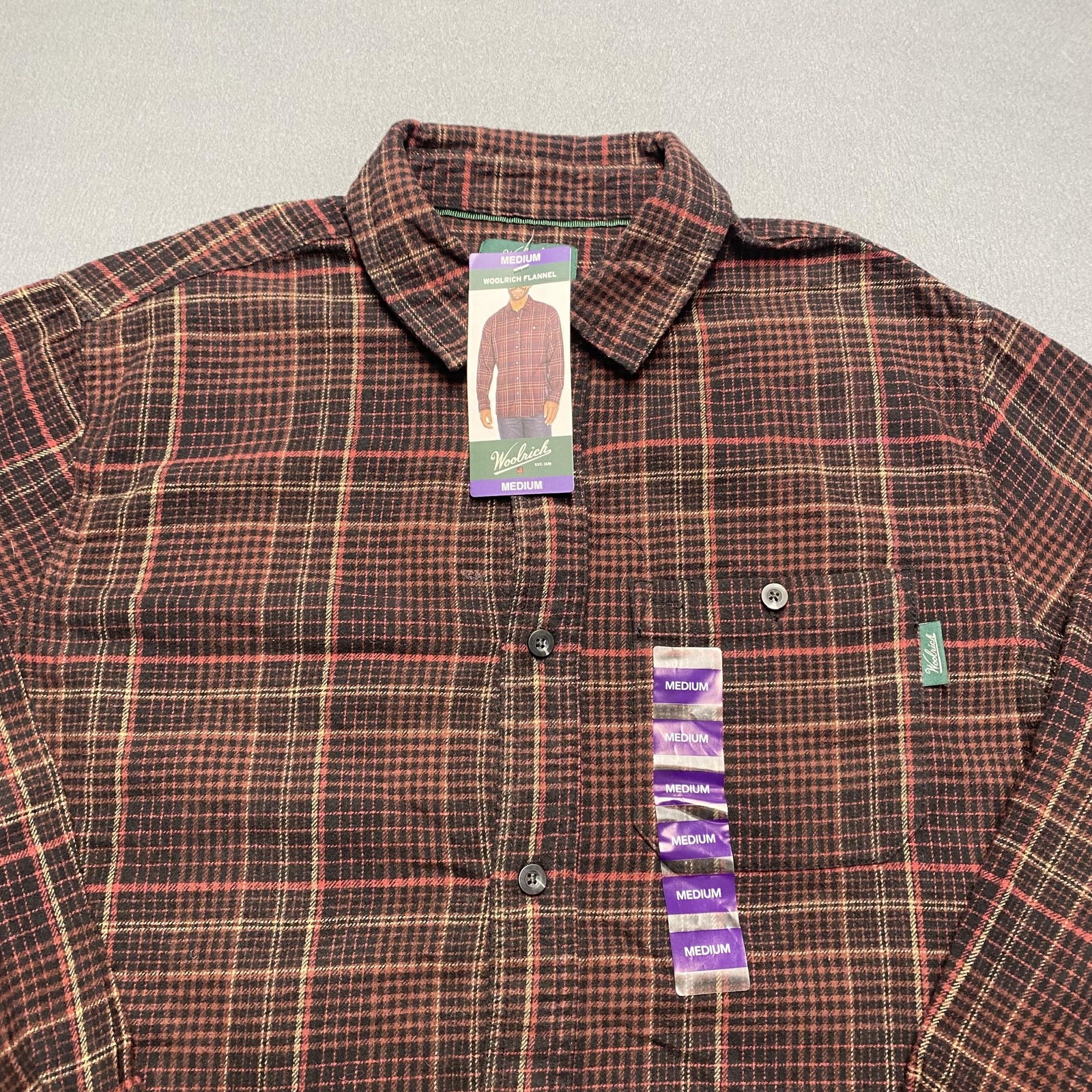 Woolrich Flannel Shirt Mens Medium Deep Red Plaid Long Sleeve Cotton Casual
