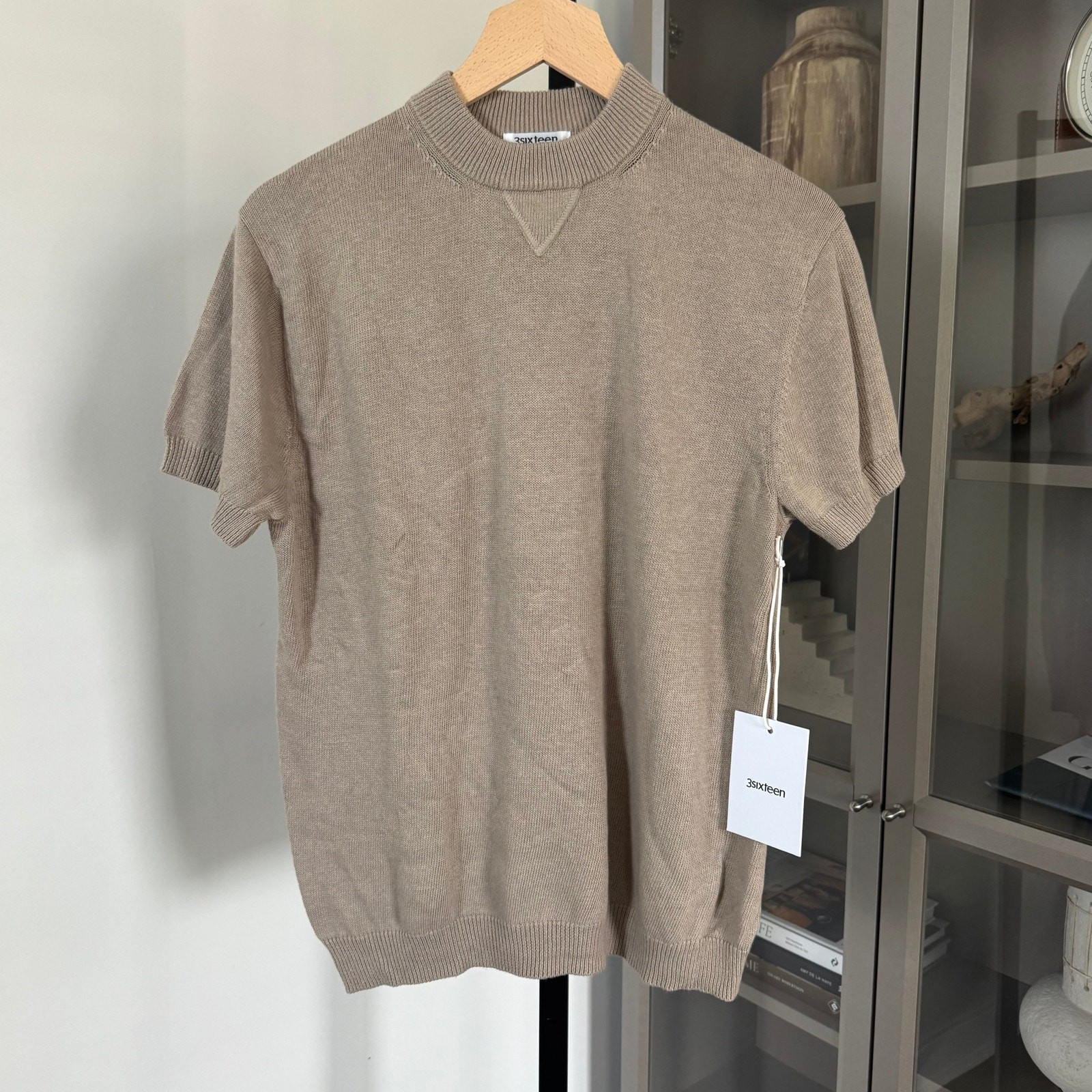 3sixteen Pima Cotton Linen Blend Short Sleeve Tan T-Shirt S NEW Knit V Crewneck