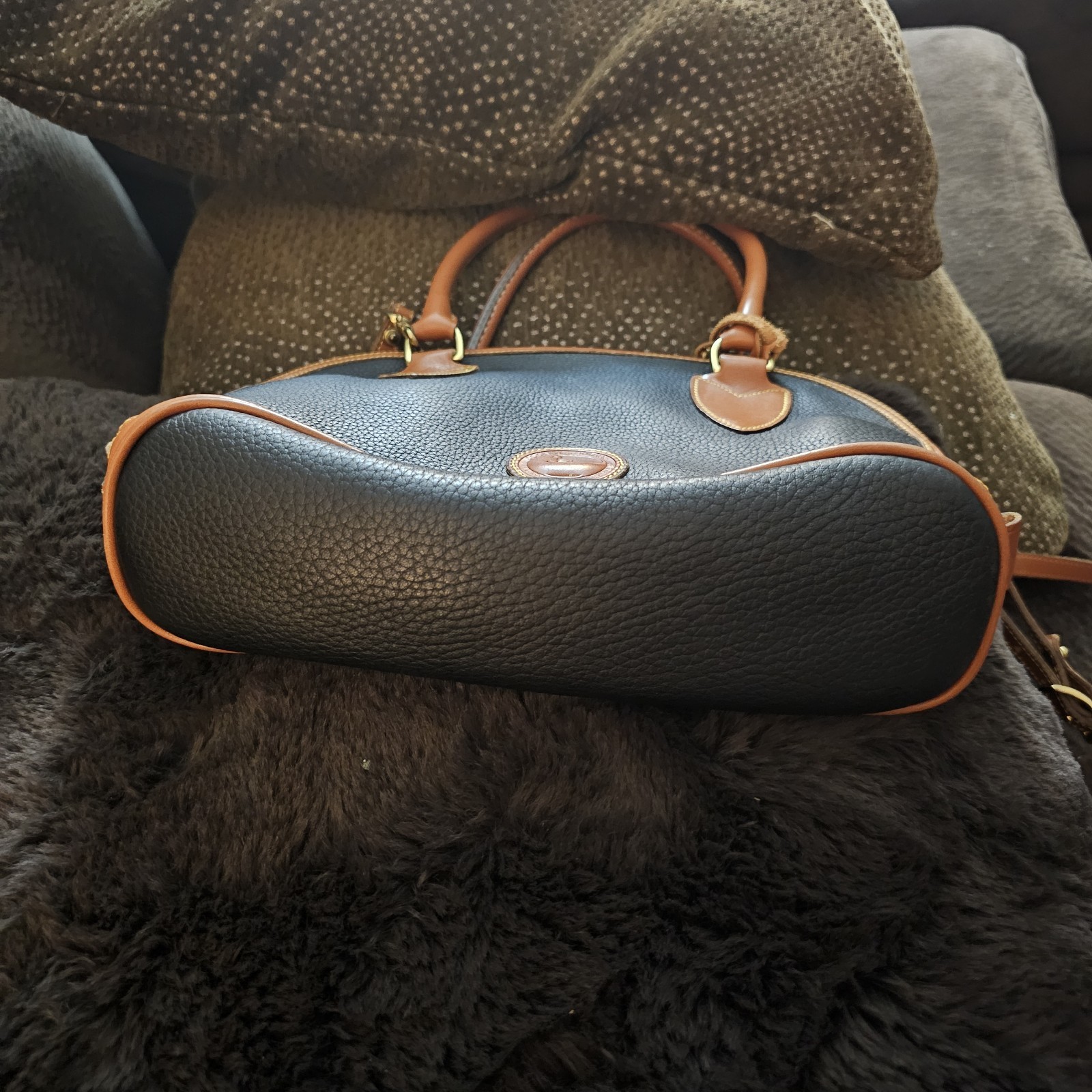 Vintage Dooney Bourke All Weather Leather Norfolk Satchel Navy Tan Made In USA