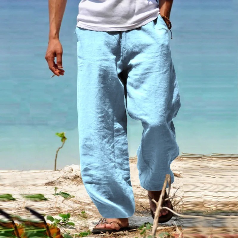 Mens Cotton Linen Jogger Pants Elastic Waist Casual Lightweight Summer Trousers