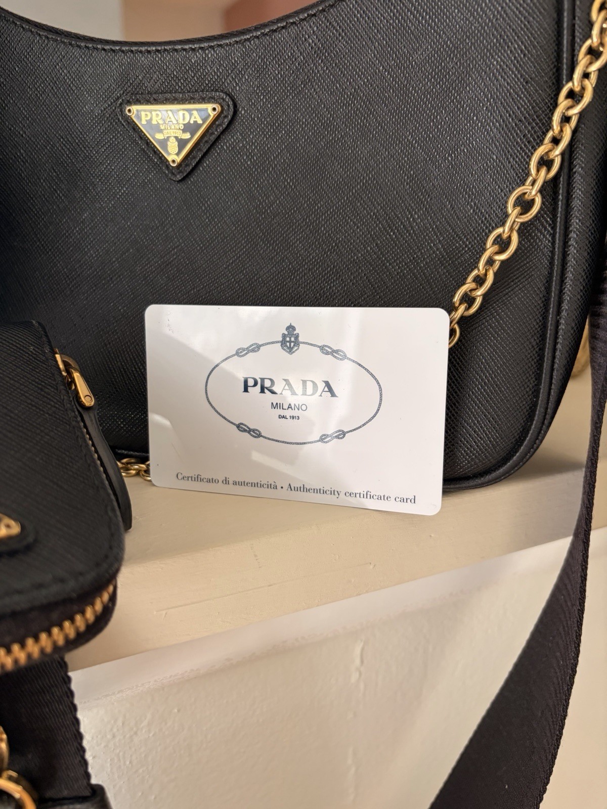 PRADA Re-Edition 2005 Saffiano Leather Designer Bag Gold Chain Adjustable Purse