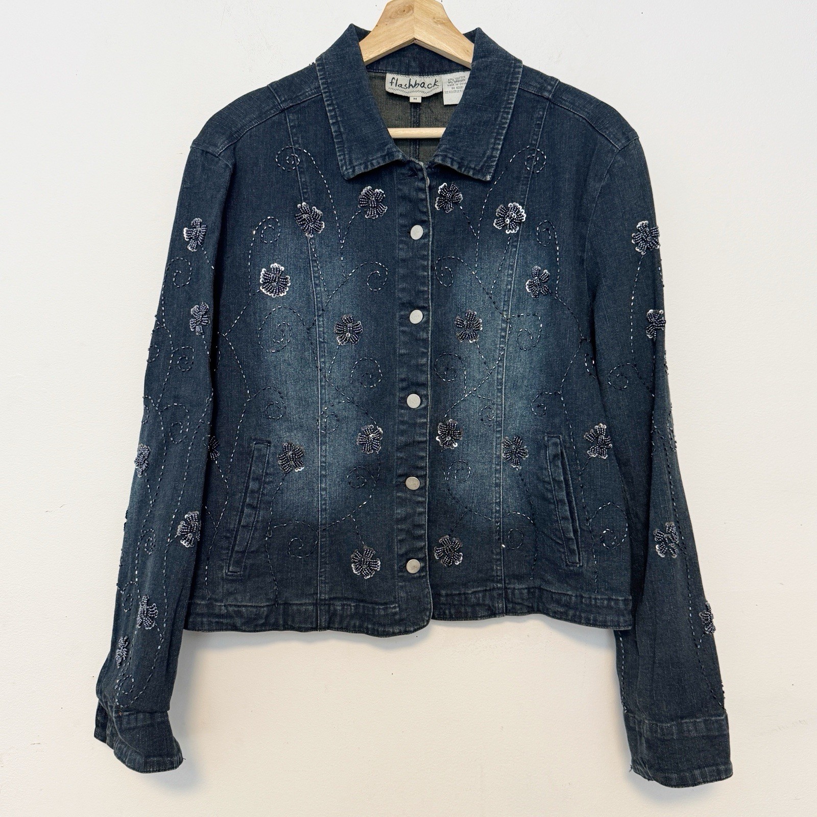 Flashback Blue Denim Beaded Western Jean Jacket Boho Flower Bedazzled M Stretch