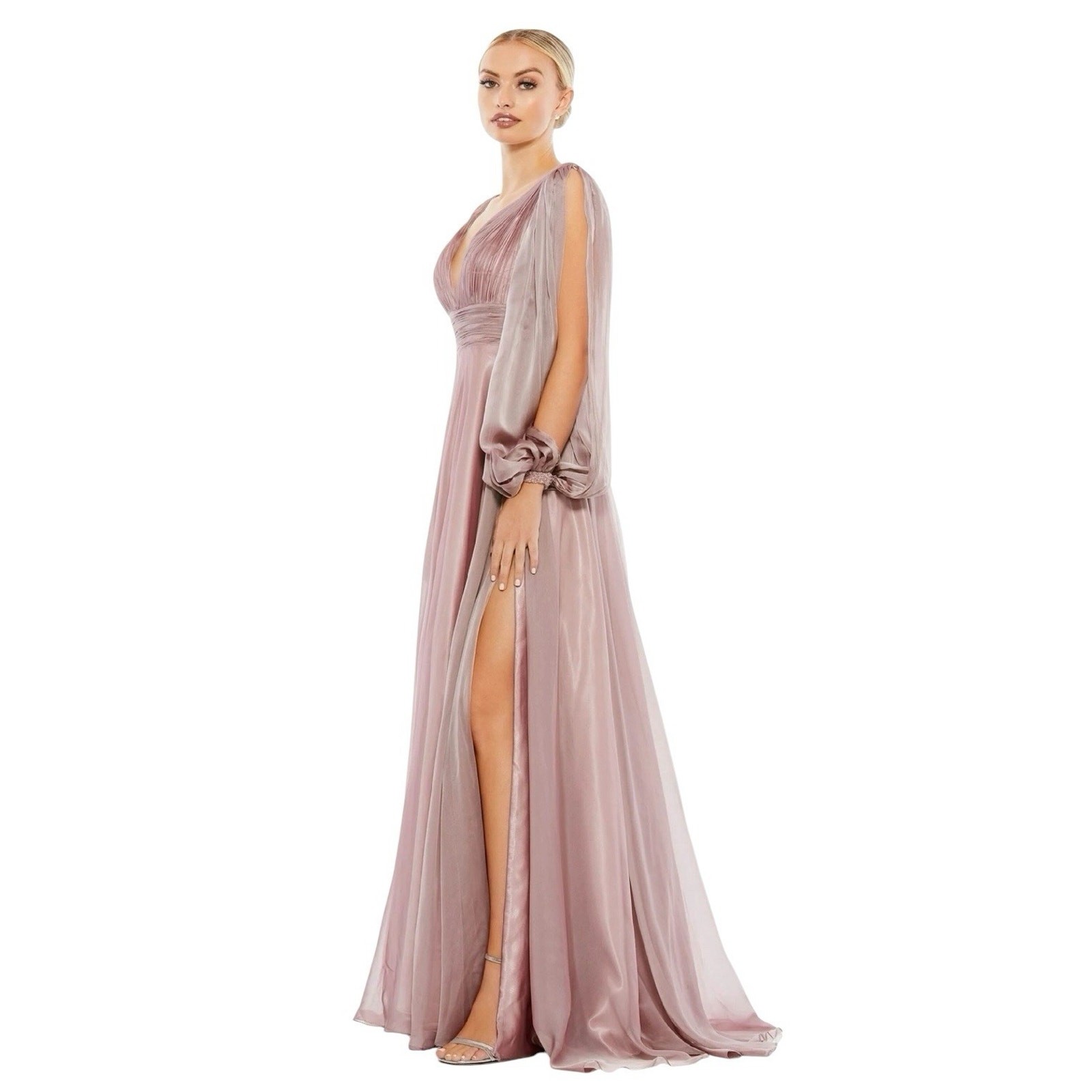 Mac Duggal 67414 Mocha Chiffon Gown Cutaway Sleeve Beaded Cuff Size 8 $598