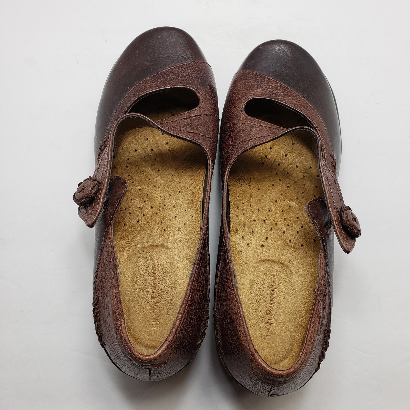 Hush Puppies Two Tone Brown Leather Mary Jane Shoes 7EW Slip On Womens Casual