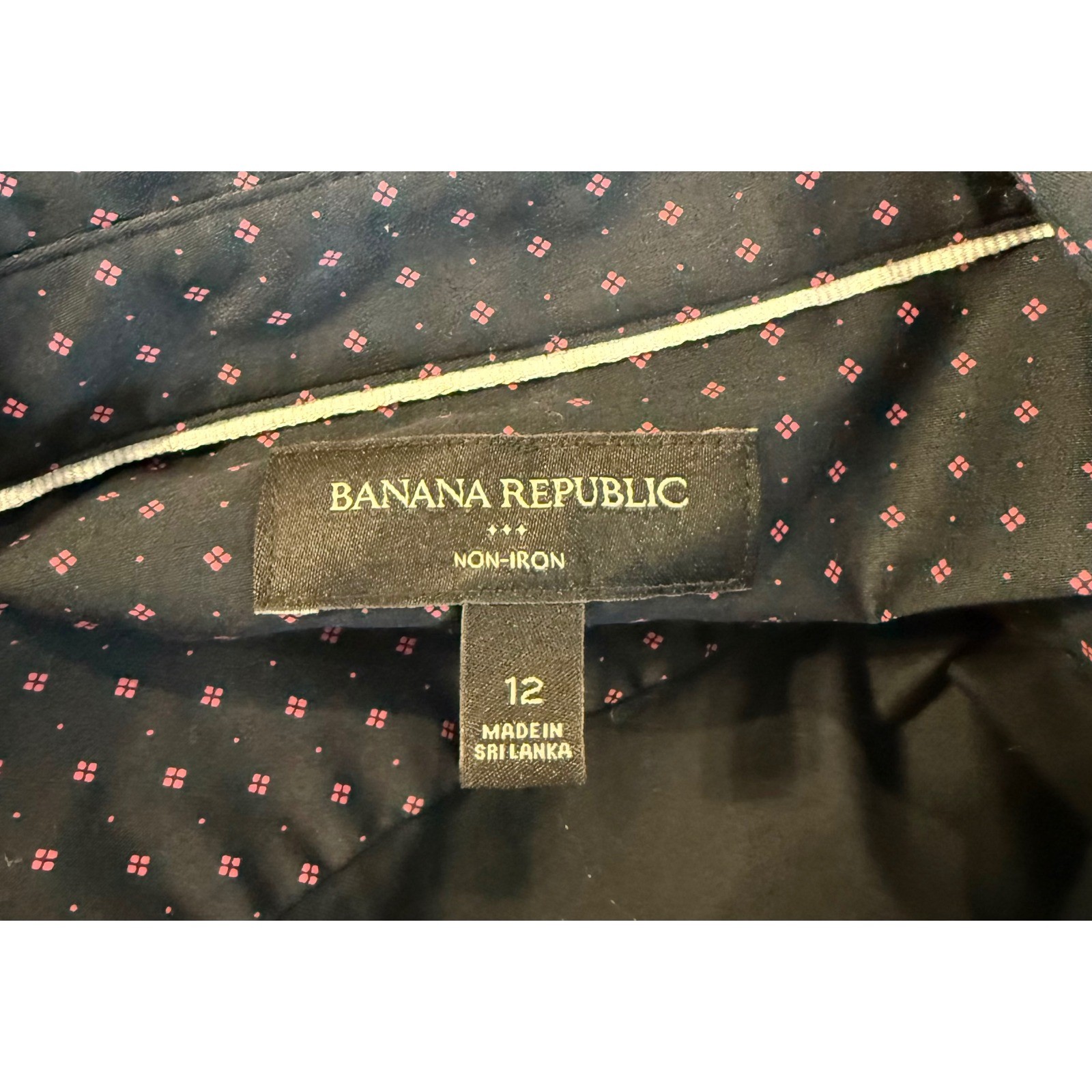 Banana Republic Womens 12 Button Down Shirt Navy Pink Non Iron Polka Dot Print